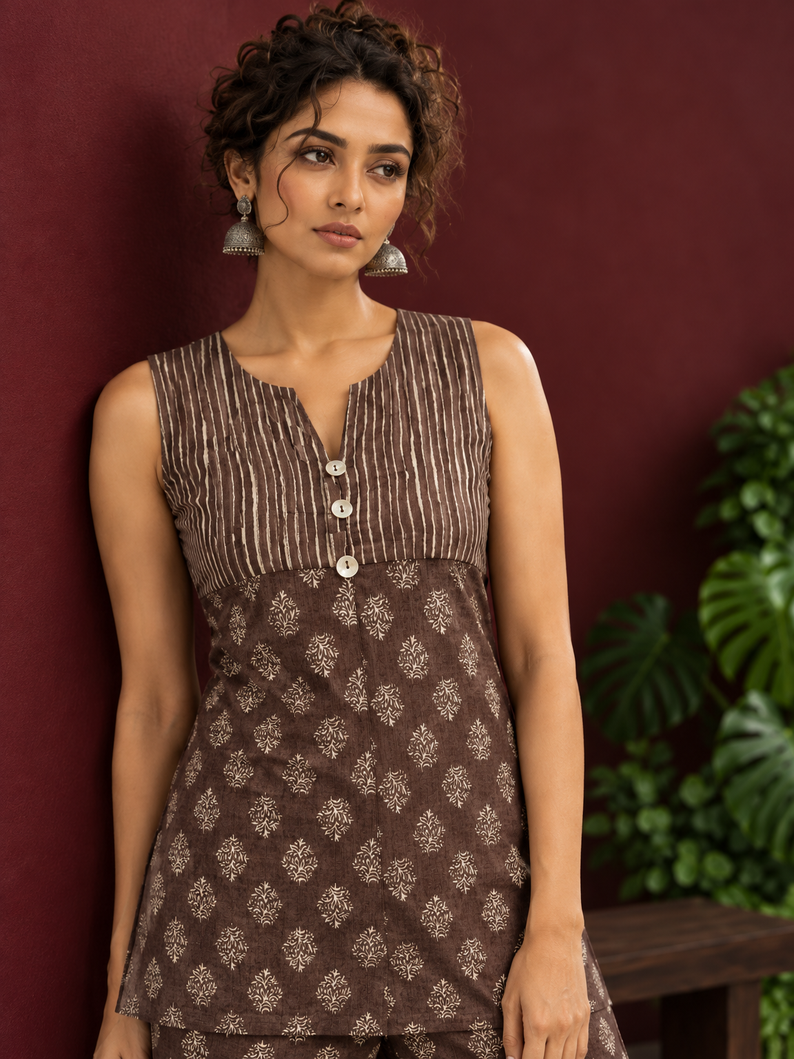 Brown Rayon Sleeveless Tunic with Striped Yoke & Contrast Block Printed Floral Motif Body — fabric detail