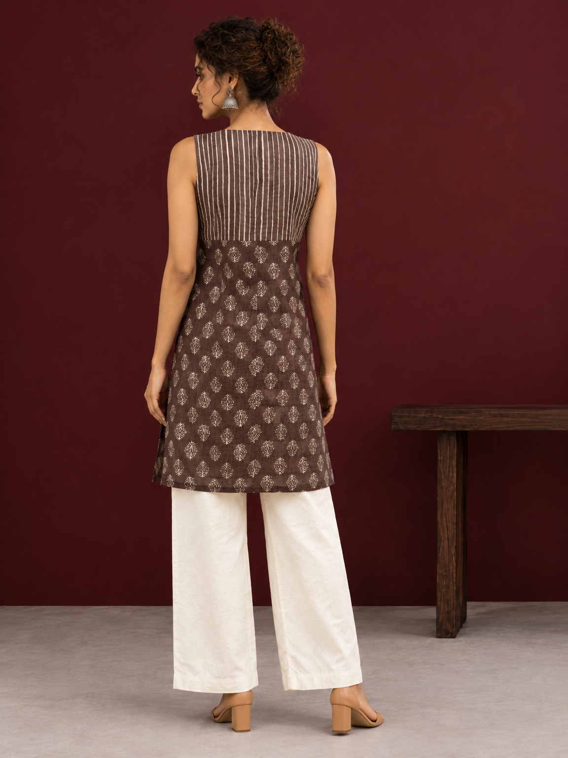 Brown Rayon Sleeveless Tunic with Striped Yoke & Contrast Block Printed Floral Motif Body — back view