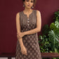 Brown Rayon Sleeveless Tunic with Striped Yoke & Contrast Block Printed Floral Motif Body — styled view