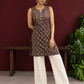 Brown Rayon Sleeveless Tunic with Striped Yoke & Contrast Block Printed Floral Motif Body — side view