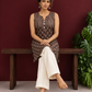 Brown Rayon Sleeveless Tunic with Striped Yoke & Contrast Block Printed Floral Motif Body — seated