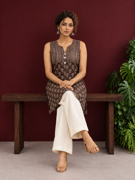 Brown Rayon Sleeveless Tunic with Striped Yoke & Contrast Block Printed Floral Motif Body — seated
