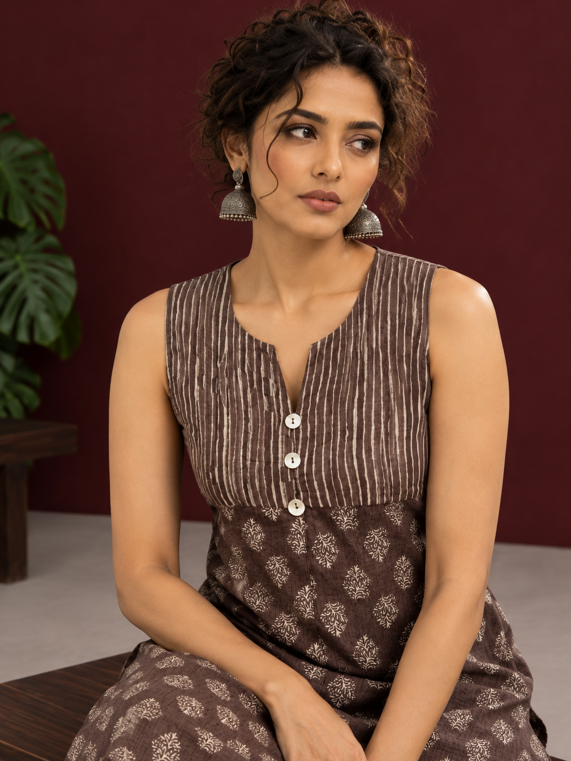 Brown Rayon Sleeveless Tunic with Striped Yoke & Contrast Block Printed Floral Motif Body — seated detail