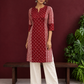 Maroon Rayon Tunic with Bandhani Dot Print Front Panel and Contrast Wavy Striped Sleeves & Side Panels — front view