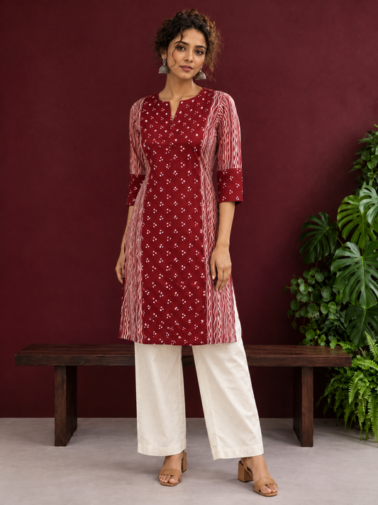 Maroon Rayon Tunic with Bandhani Dot Print Front Panel and Contrast Wavy Striped Sleeves & Side Panels — front view