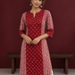 Maroon Rayon Tunic with Bandhani Dot Print Front Panel and Contrast Wavy Striped Sleeves & Side Panels — fabric detail