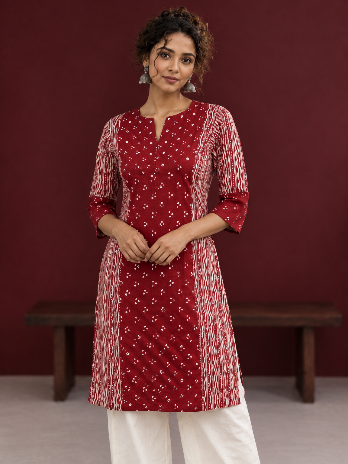 Maroon Rayon Tunic with Bandhani Dot Print Front Panel and Contrast Wavy Striped Sleeves & Side Panels — fabric detail