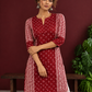 Maroon Rayon Tunic with Bandhani Dot Print Front Panel and Contrast Wavy Striped Sleeves & Side Panels — styled view