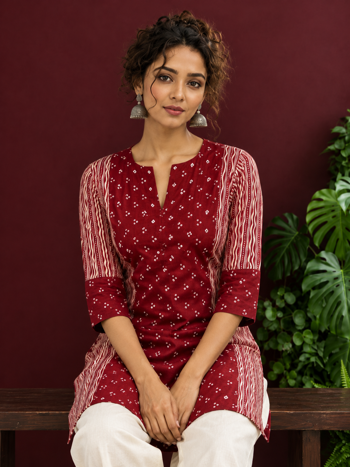 Maroon Rayon Tunic with Bandhani Dot Print Front Panel and Contrast Wavy Striped Sleeves & Side Panels — seated detail