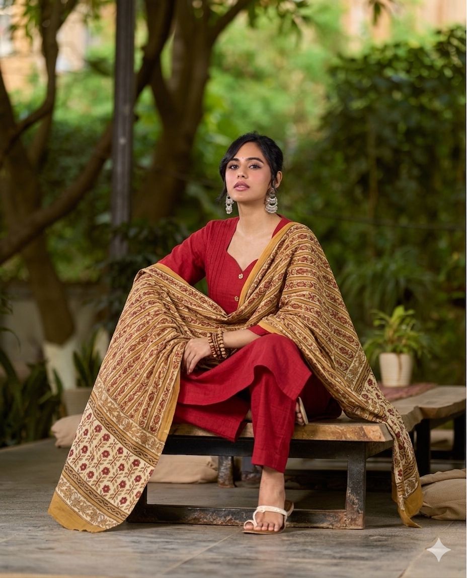 Radiant Red & Mustard Mul Cotton Dupatta with Traditional Print