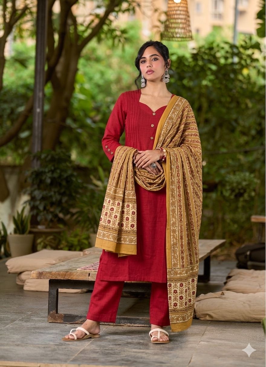 Radiant Red Cotton Kurta featuring Sweetheart Neckline & Pintucks Detailing