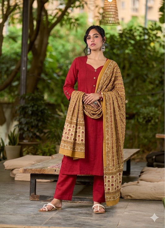Radiant Red & Mustard Mul Cotton Dupatta with Traditional Print