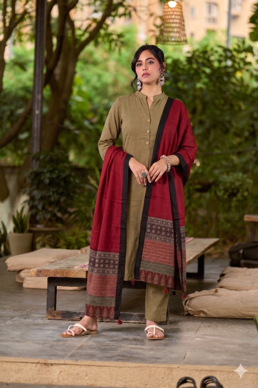 Elegant Maroon Cotton Dupatta with Ajrakh Printed Pallu