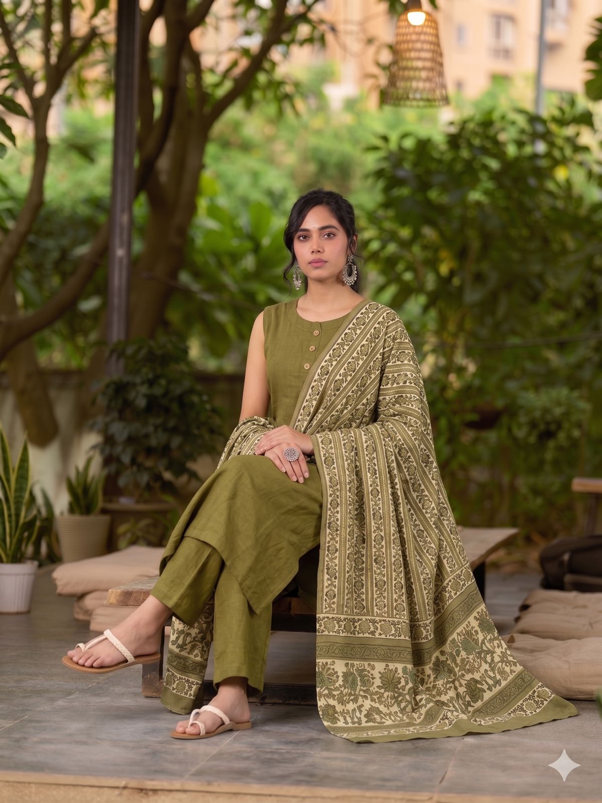 Classic Olive & Beige Combination Mul Cotton Dupatta with Traditional Motifs