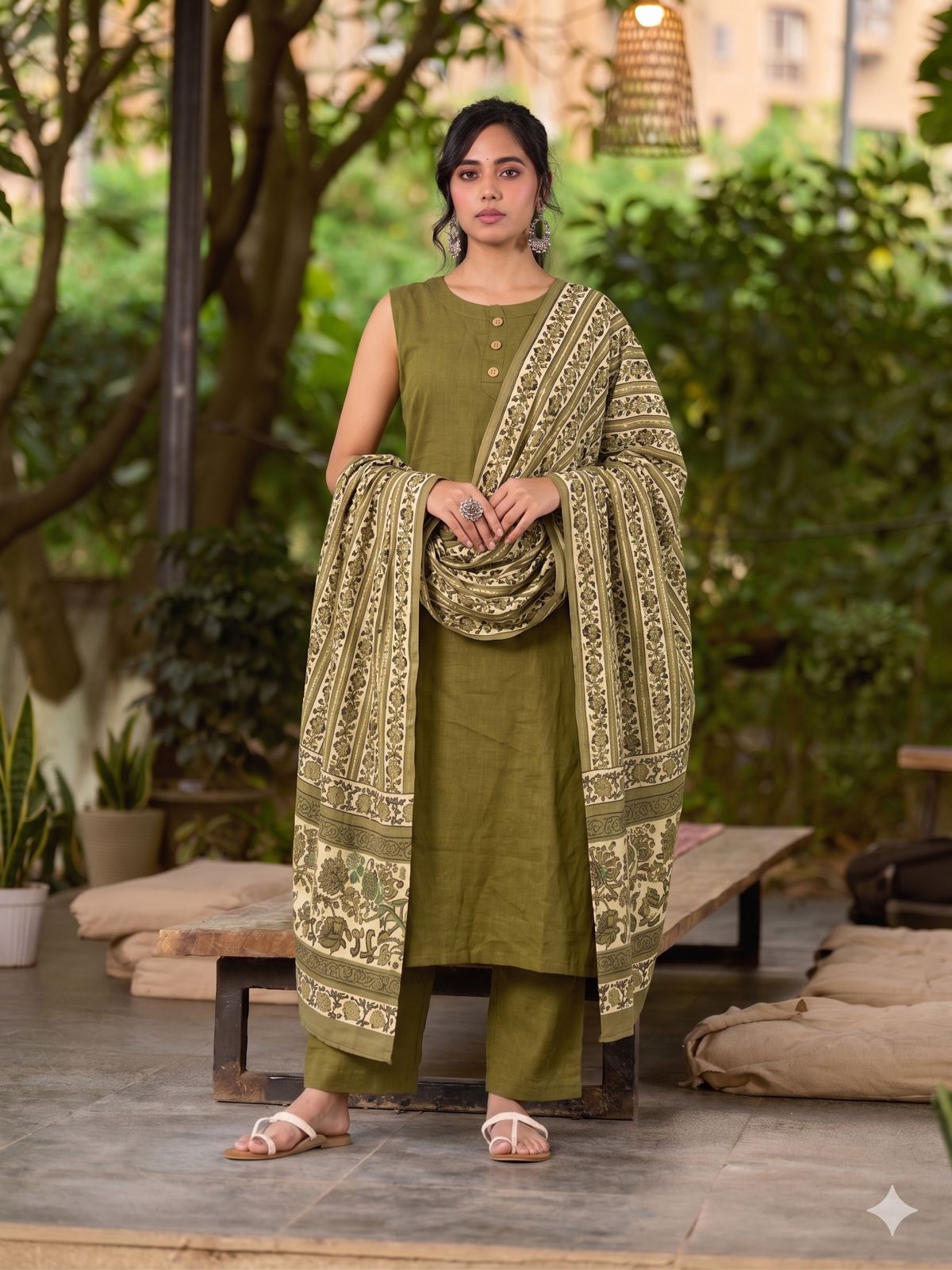 Classic Olive & Beige Combination Mul Cotton Dupatta with Traditional Motifs