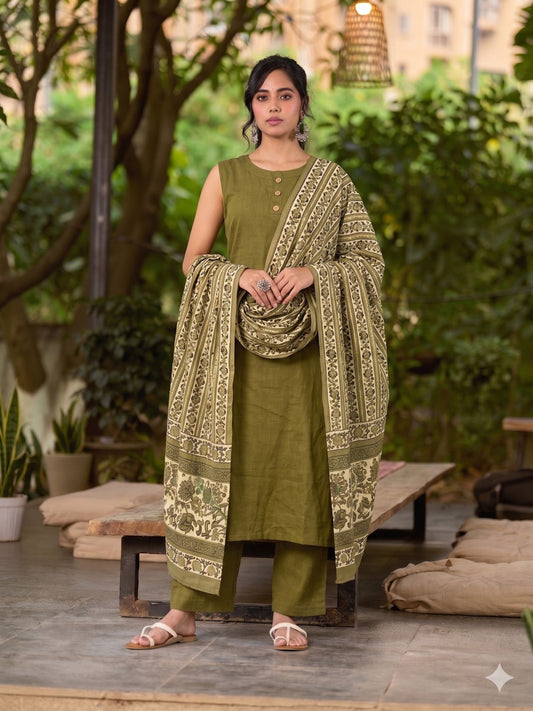 Classic Olive & Beige Combination Mul Cotton Dupatta with Traditional Motifs