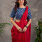 Navy Blue Indigo Floral Print Cotton Blouse with Mirror Embroidery