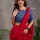 Navy Blue Indigo Floral Print Cotton Blouse with Mirror Embroidery