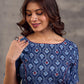 Navy Blue Indigo Floral Print Cotton Blouse with Mirror Embroidery