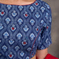 Navy Blue Indigo Floral Print Cotton Blouse with Mirror Embroidery