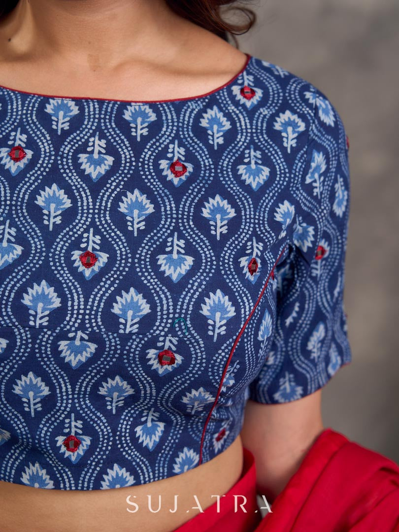 Navy Blue Indigo Floral Print Cotton Blouse with Mirror Embroidery
