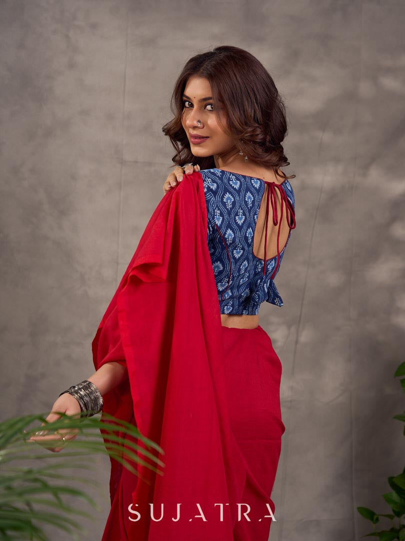 Navy Blue Indigo Floral Print Cotton Blouse with Mirror Embroidery