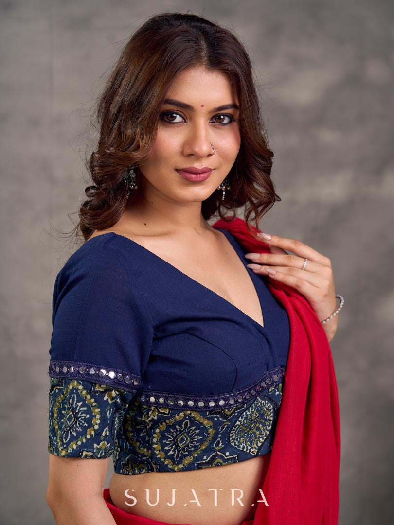 Navy Blue Cotton Blouse with Ajrakh Print Border & Mirror Embellishment
