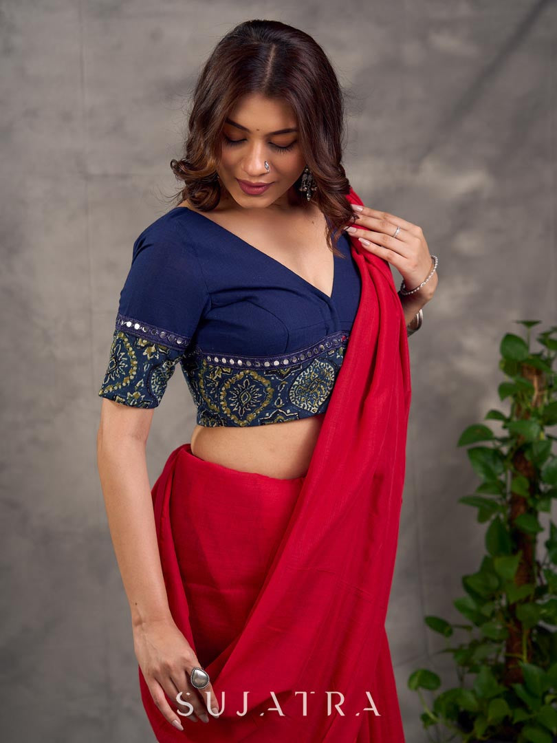 Navy Blue Cotton Blouse with Ajrakh Print Border & Mirror Embellishment