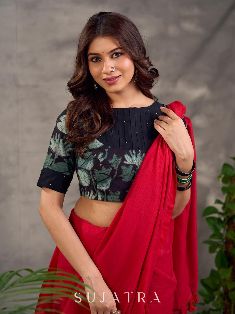 Ebony Black Printed Cotton Boat Neck Blouse with Pintuck Gold Bead Detail