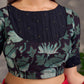 Ebony Black Printed Cotton Boat Neck Blouse with Pintuck Gold Bead Detail