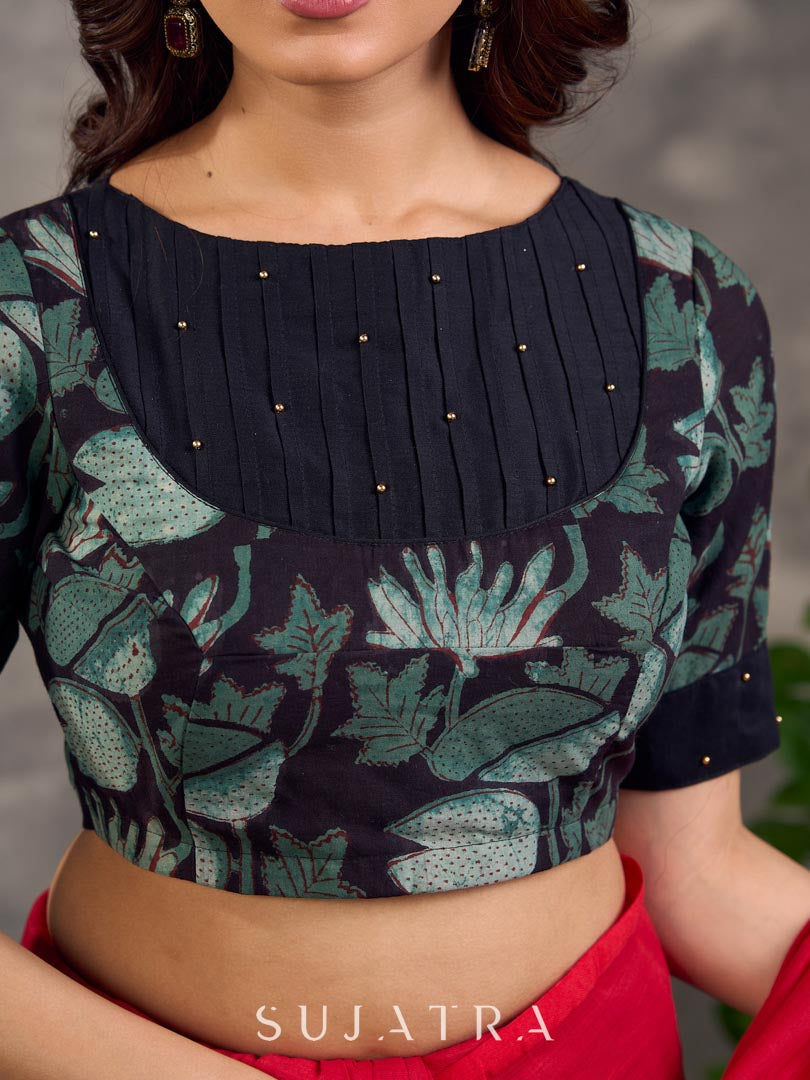 Ebony Black Printed Cotton Boat Neck Blouse with Pintuck Gold Bead Detail