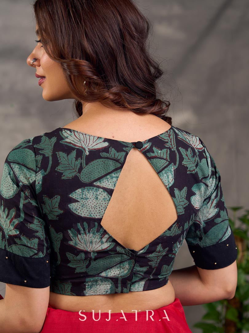 Ebony Black Printed Cotton Boat Neck Blouse with Pintuck Gold Bead Detail