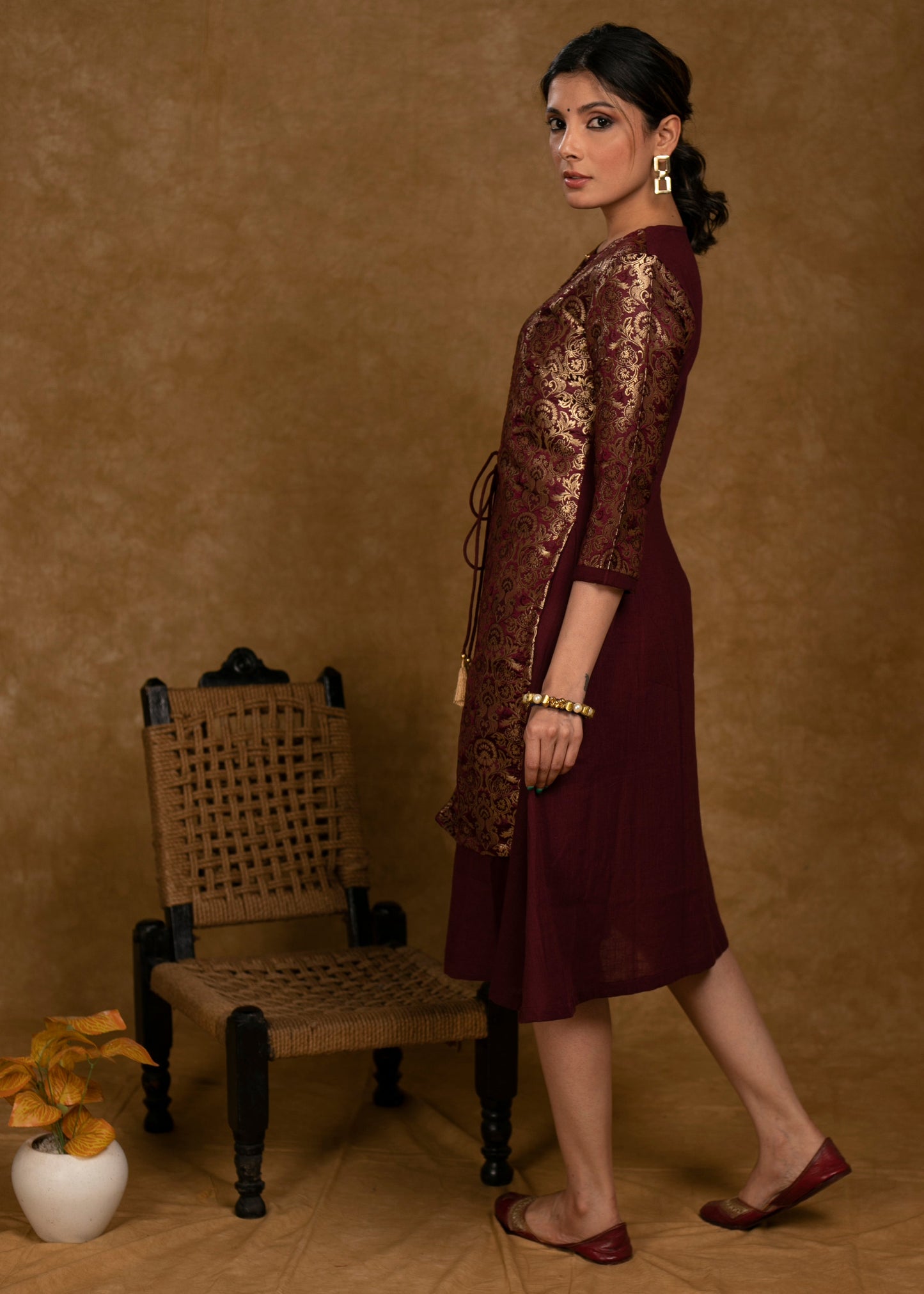 Classy Wine Cotton Dress with Attached Brocade Jacket