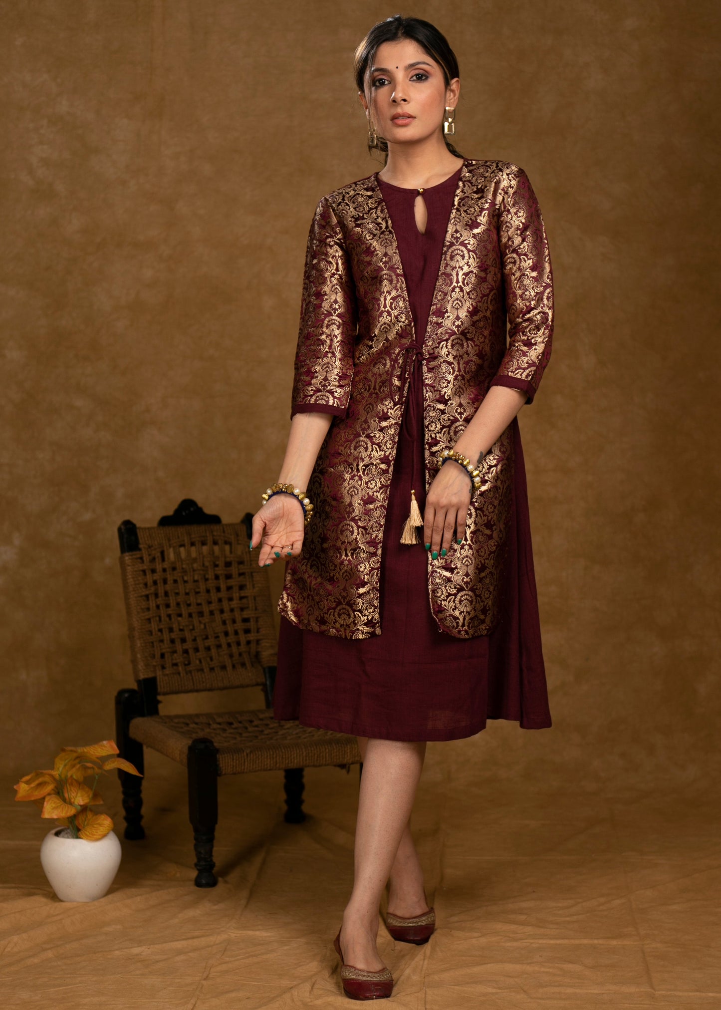 Classy Wine Cotton Dress with Attached Brocade Jacket