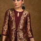 Classy Wine Cotton Dress with Attached Brocade Jacket