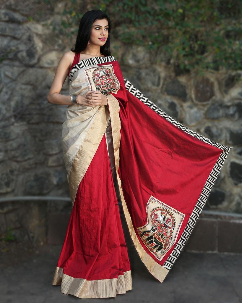 Red Cotton Silk with Pure Tassar with hand painted madhubani design