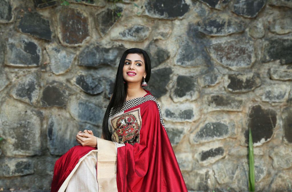 Red Cotton Silk with Pure Tassar with hand painted madhubani design