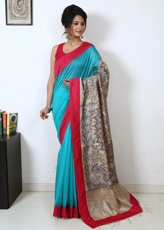 Blue chanderi with hand painted madhubani work on pure tussar silk pallu - Sujatra