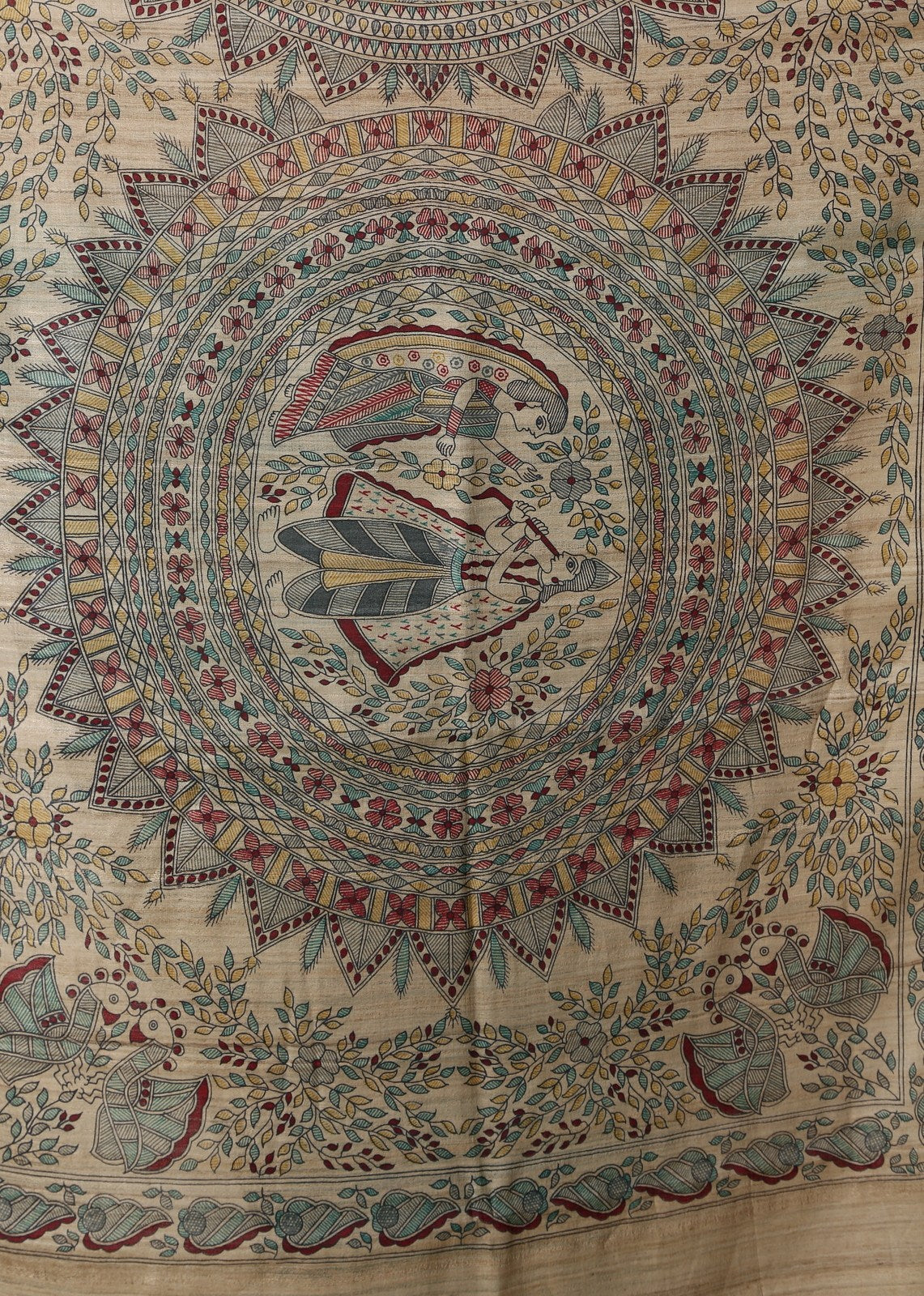Blue chanderi with hand painted madhubani work on pure tussar silk pallu