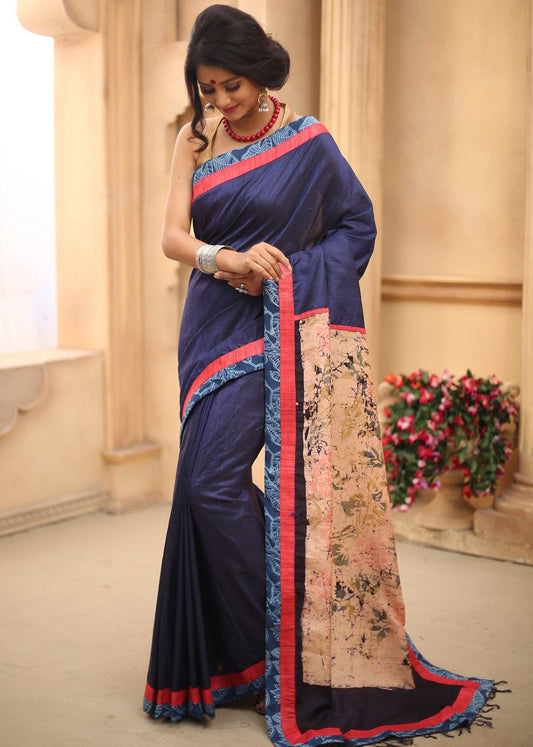 Blue Raw silk with hand batik work on pure silk pallu - Sujatra