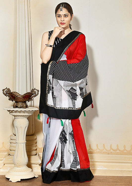 Combination of black & white Egyptian print on georgette and red chanderi - Sujatra