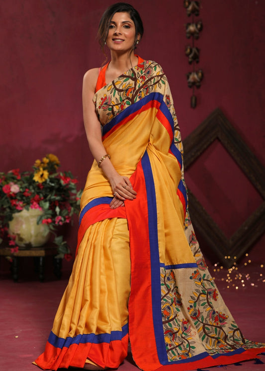Fine linen cotton mix saree with hand painted madhubani work