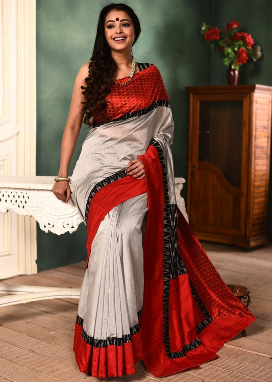 Grey chanderi saree with exclusive ikat border & ikat patch on pallu