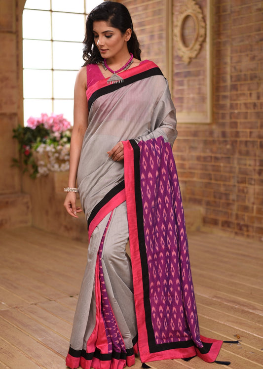 Grey chanderi saree with ikat pallu & ikat patch on pleats