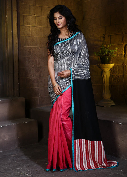 Grey ikat mercerised pure cotton with pink chanderi & ikat patch on pallu - Sujatra