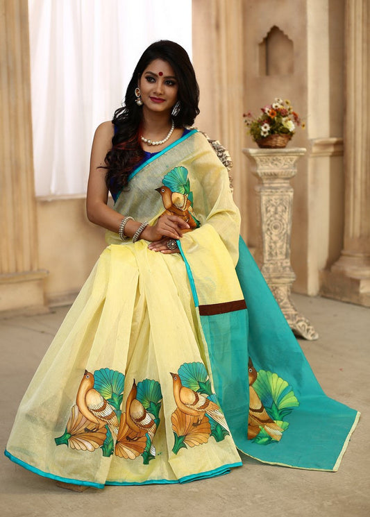 Hand painting on combination of yellow and green chanderi - Sujatra