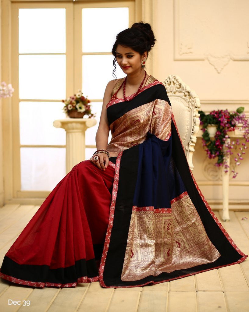 Madhubani art on pure silk with red chanderi pleats & pure silk piping - Sujatra