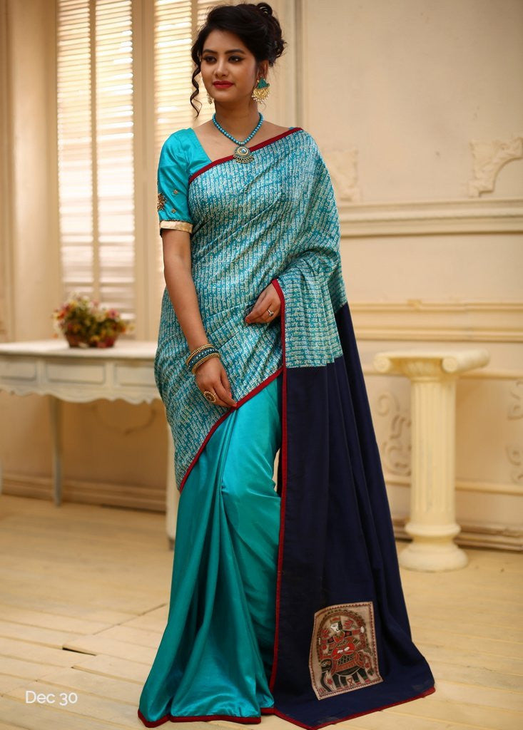 Mantra print pure silk in front with barfi silk pleats & hand painted madhubani wok on cotton silk pallu - Sujatra