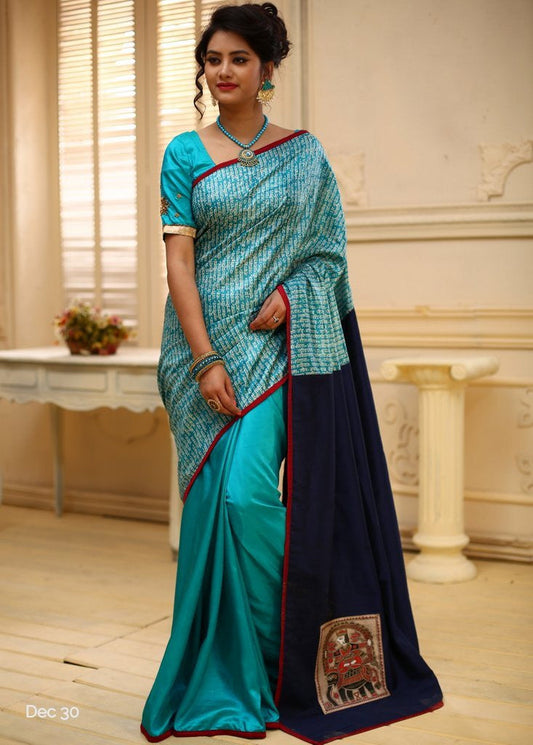 Mantra print pure silk in front with barfi silk pleats & hand painted madhubani wok on cotton silk pallu - Sujatra