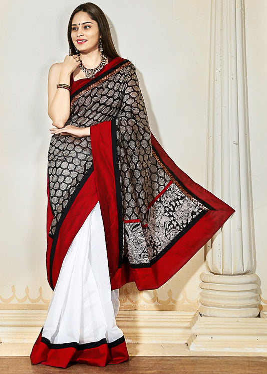 Rajasthani printed chanderi with white chanderi pleats & kalamkari printed patch on pallu - Sujatra